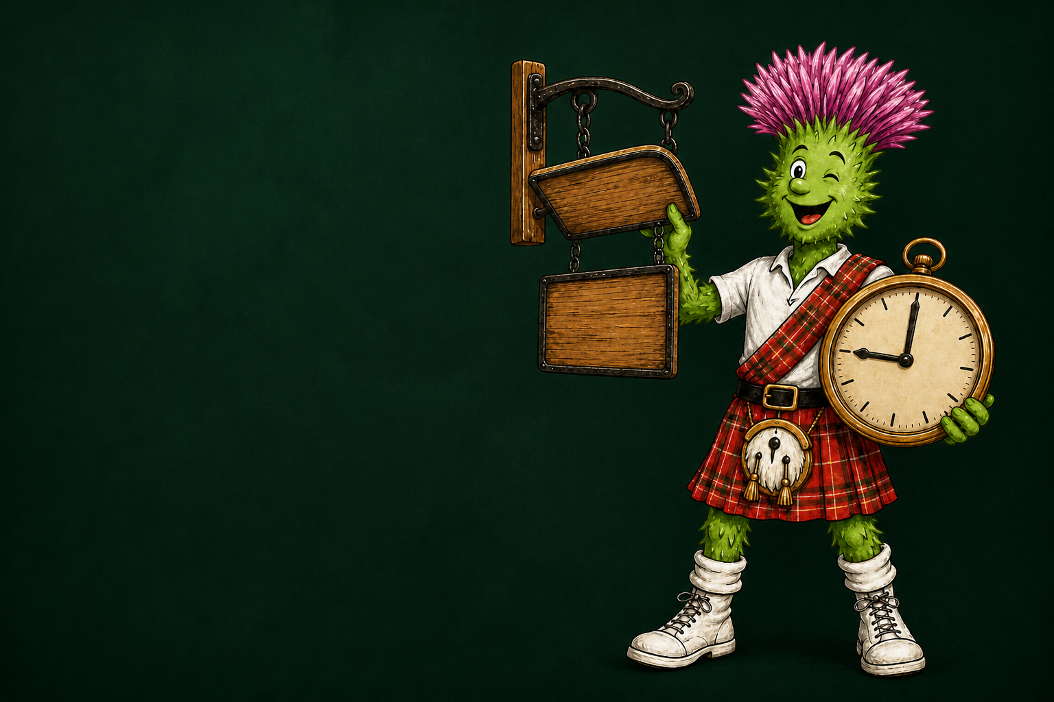Tipsy Thistle mascot with a clock and pub sign