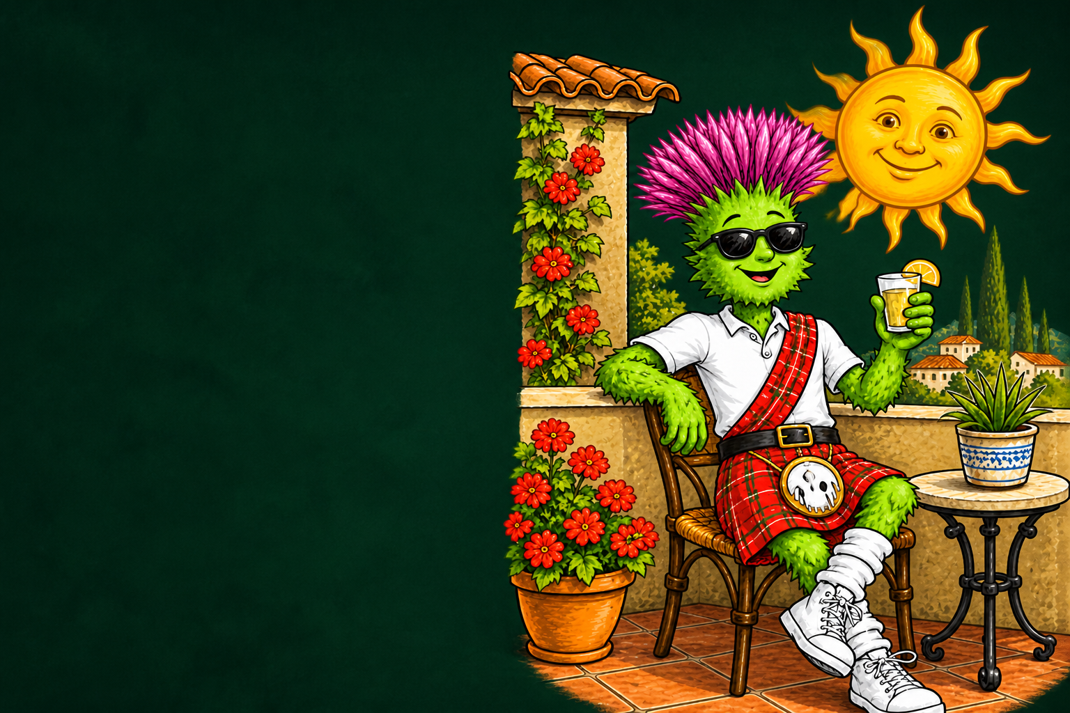 Tipsy Thistle mascot relaxing in the sunshine