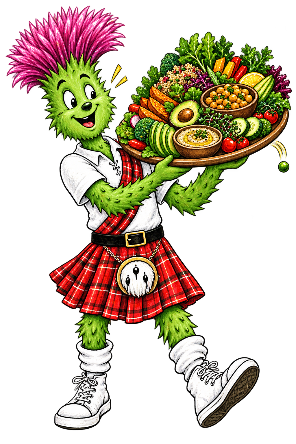 Tipsy Thistle mascot carrying a colorful vegan platter
